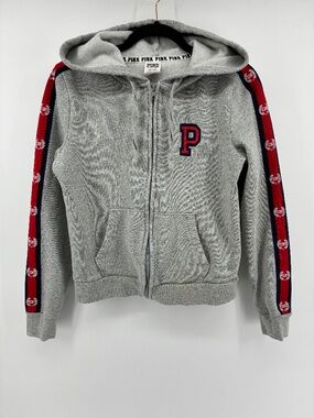PINK Victoria's Secret Grey Zip Hoodie with Red & Navy Sleeve Stripes